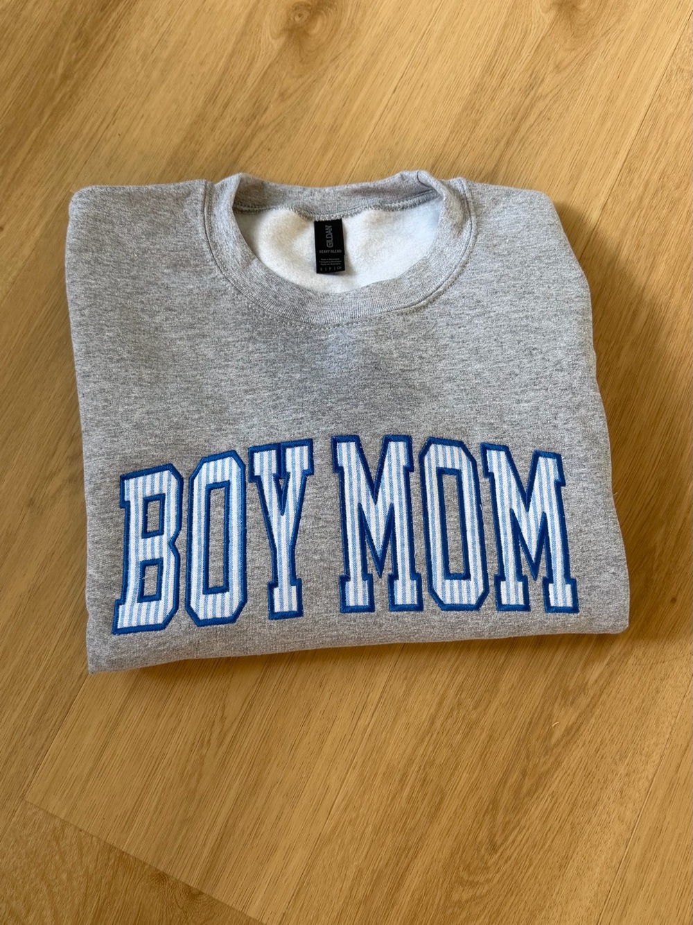 Gildan Gray Sweatshirt with Blue 'BOY MOM' Lettering